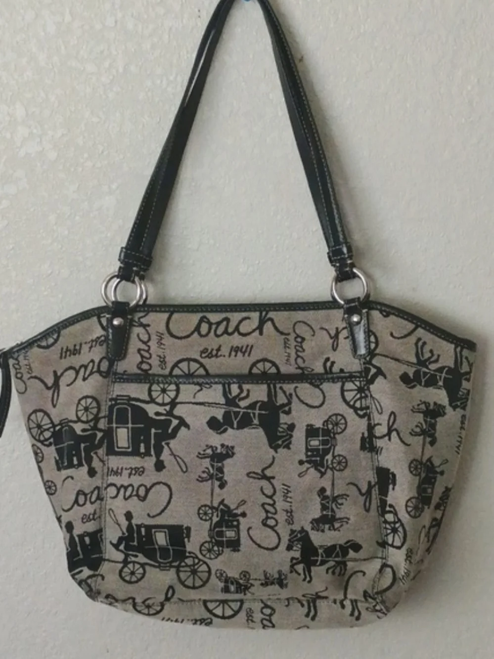 Coach Black and Cream Signature Horse & Carriage Shoulder Bag